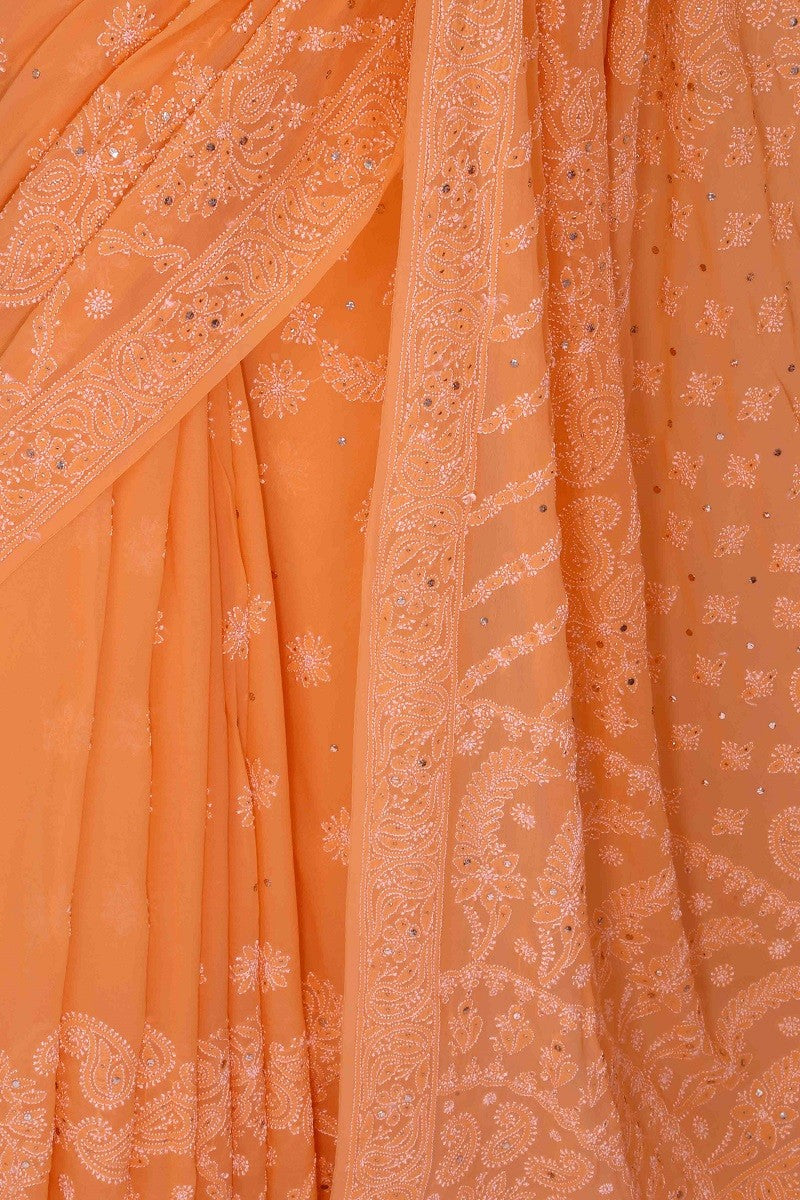 Ada Hand Embroidered Peach Pure Georgette Lucknowi Chikankari Saree/Blouse With Muqaish Work 01A100838