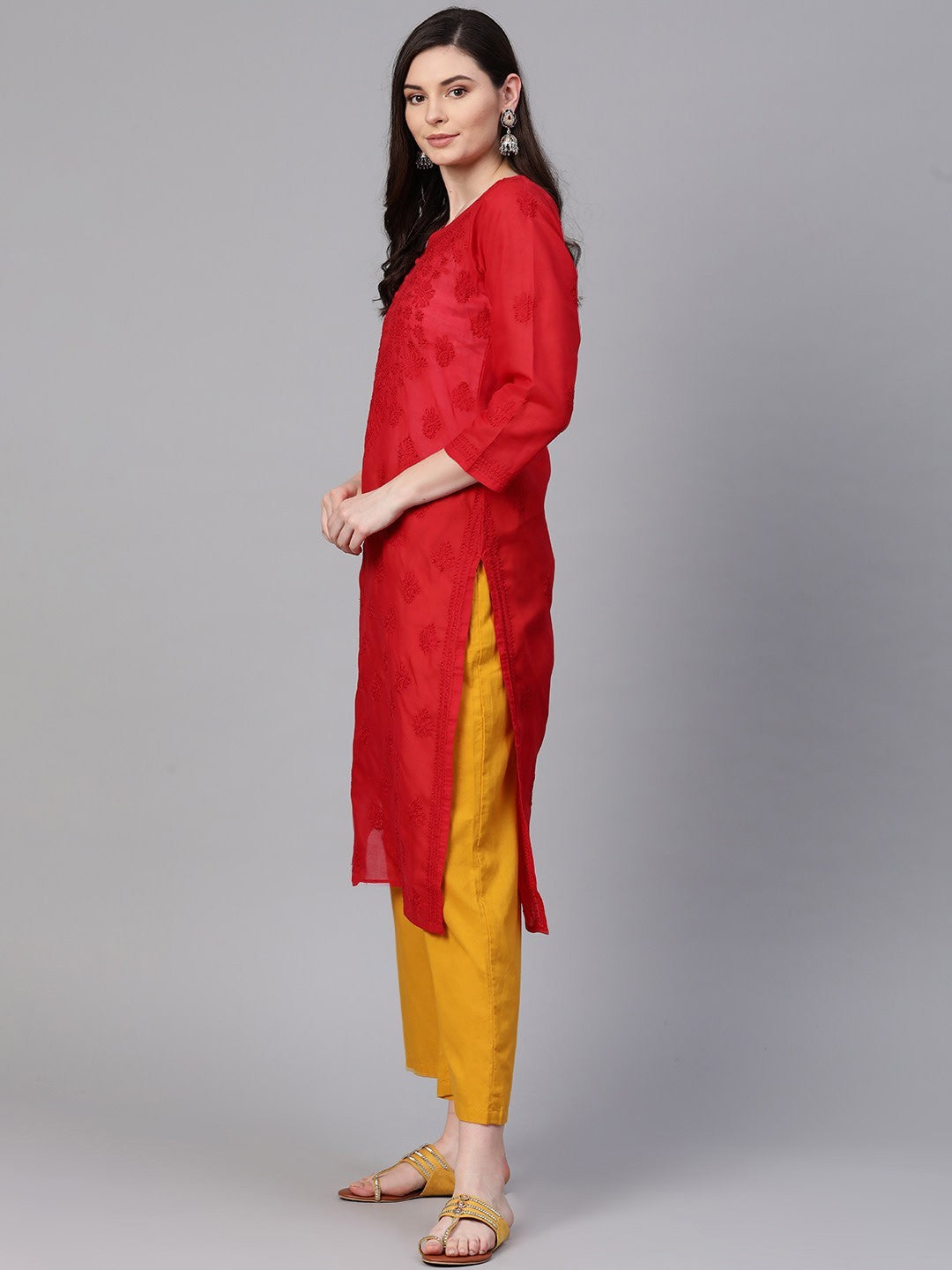 Ada Hand Embroidered Red Cotton Lucknowi Chikankari Straight Kurta A100362