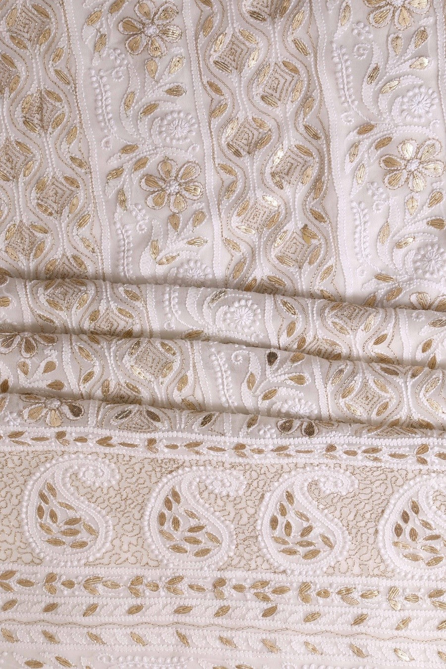 Ada Hand Embroidered White Georgette Lucknowi Chikan Unstitched Kurta Dupatta Set with Gota Patti Work A480887