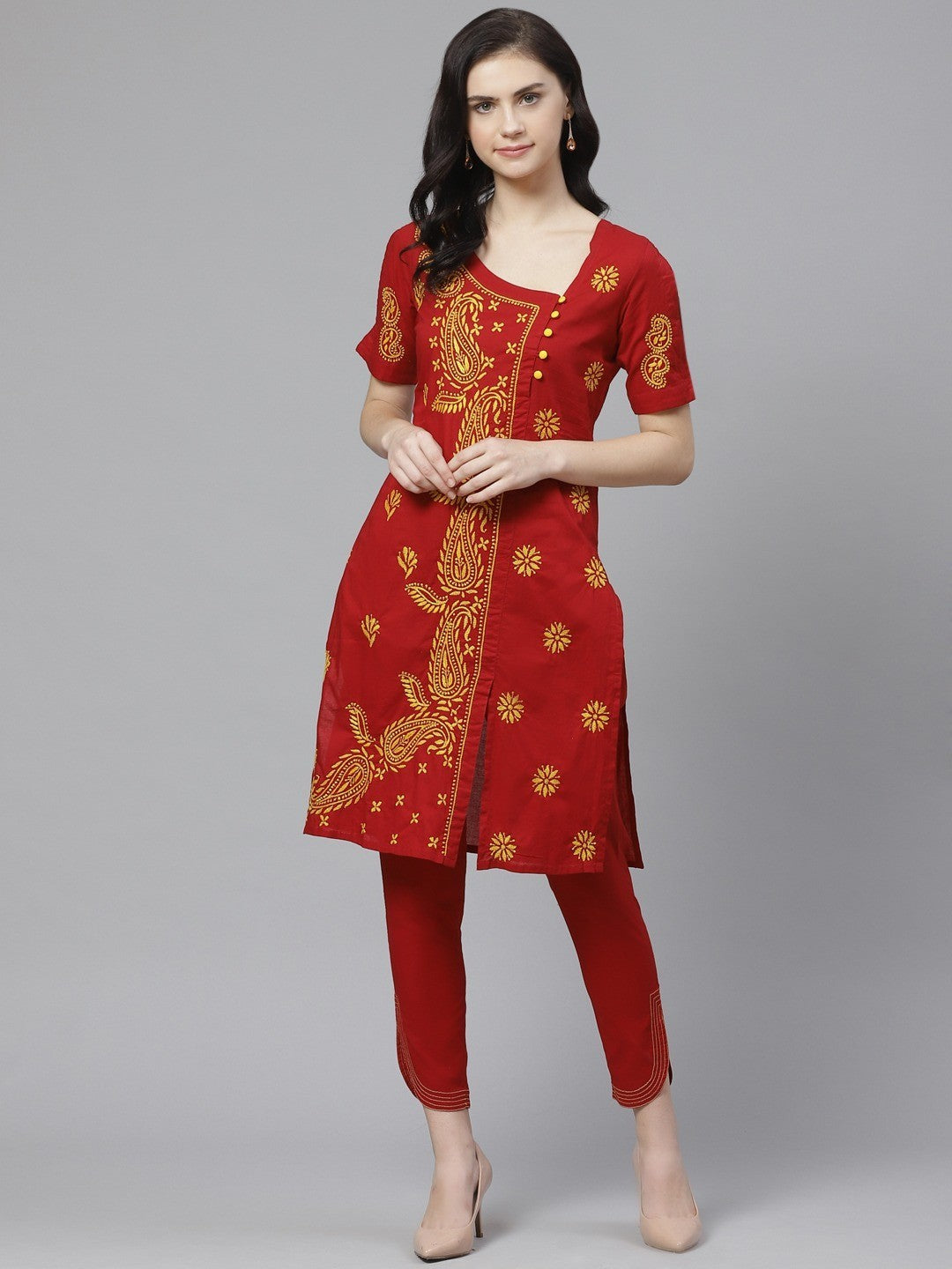 Ada Hand Embroidered Maroon Cotton Lucknowi Chikankari Straight Kurta With Trouser Set A100331