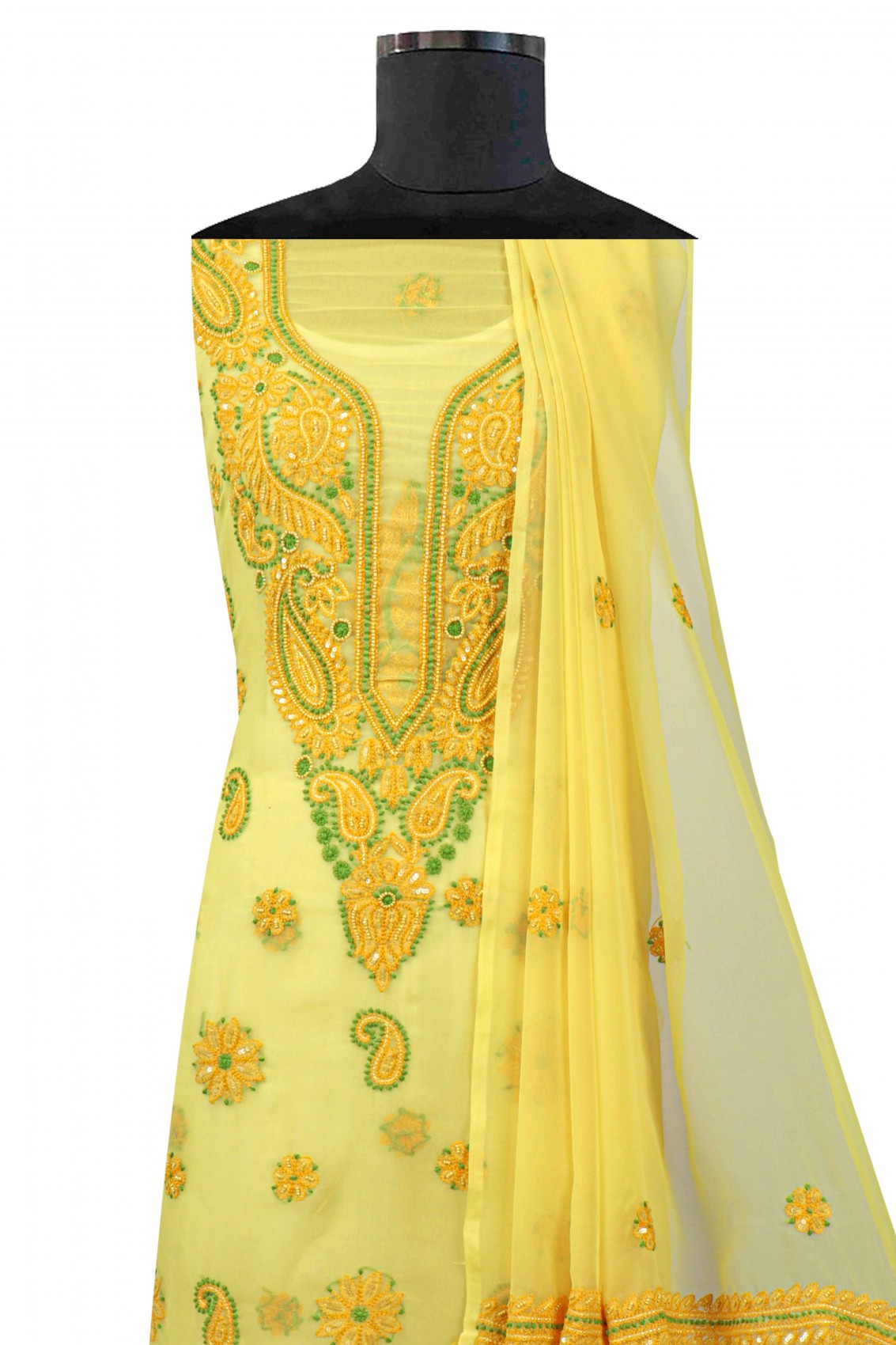 Ada Hand Embroidered Yellow Georgette Lucknowi Chikankari Unstitched Suit Piece With Pearl Work 01A41449