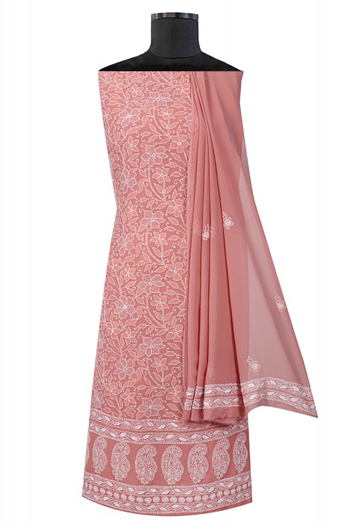 Ada Hand Embroidered Peach Pure Georgette Lucknowi Chikankari Unstitched Kurta Dupatta Set A489072