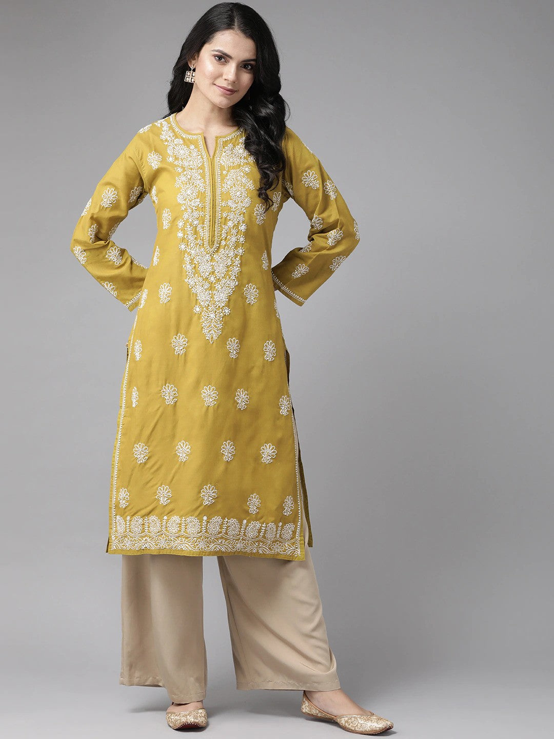 Ada Hand Embroidered Green Cotton Lucknowi Chikankari straight Kurta A207102