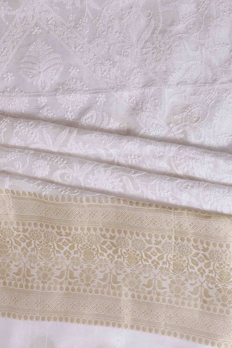 Ada Hand Embroidered White Crepe Lucknowi Chikankari Unstitched Kurta Piece A525498