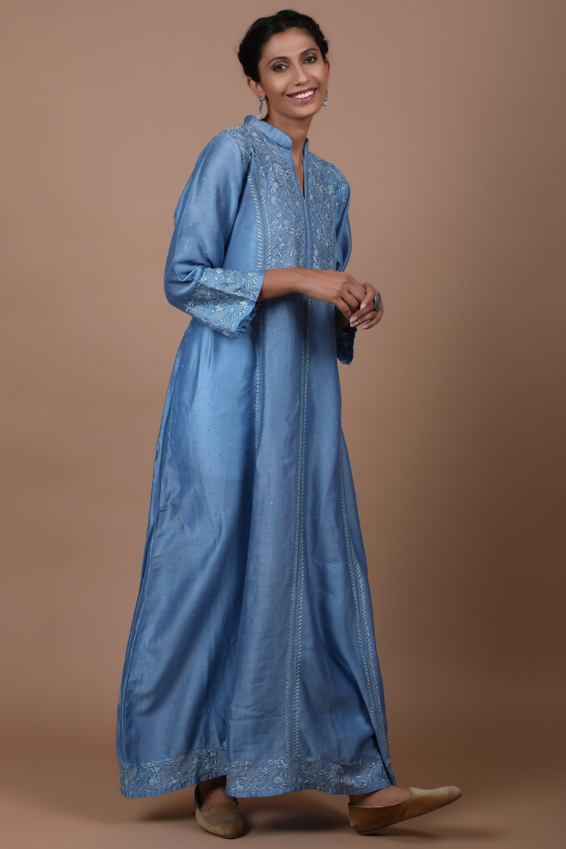 Ada Hand Embroidered Sapphire Blue Chanderi Lucknowi Chikankari Semi-Stitched Anarkali Kurta Dupatta Set With Muqaish Work A623456