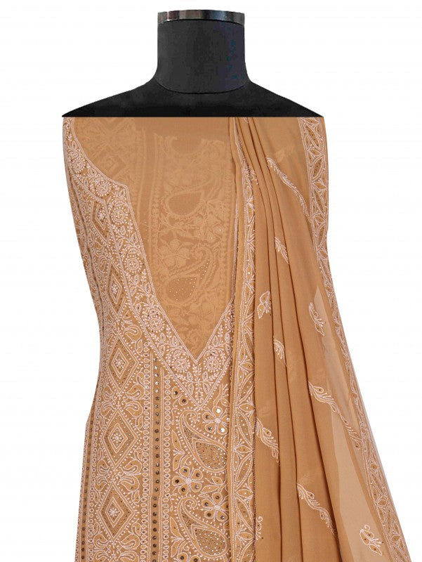 Ada Hand Embroidered Dark Fawn Pure Georgette Lucknowi Chikan Unstitched Kurta Dupatta Set with Muqaish Work A501817