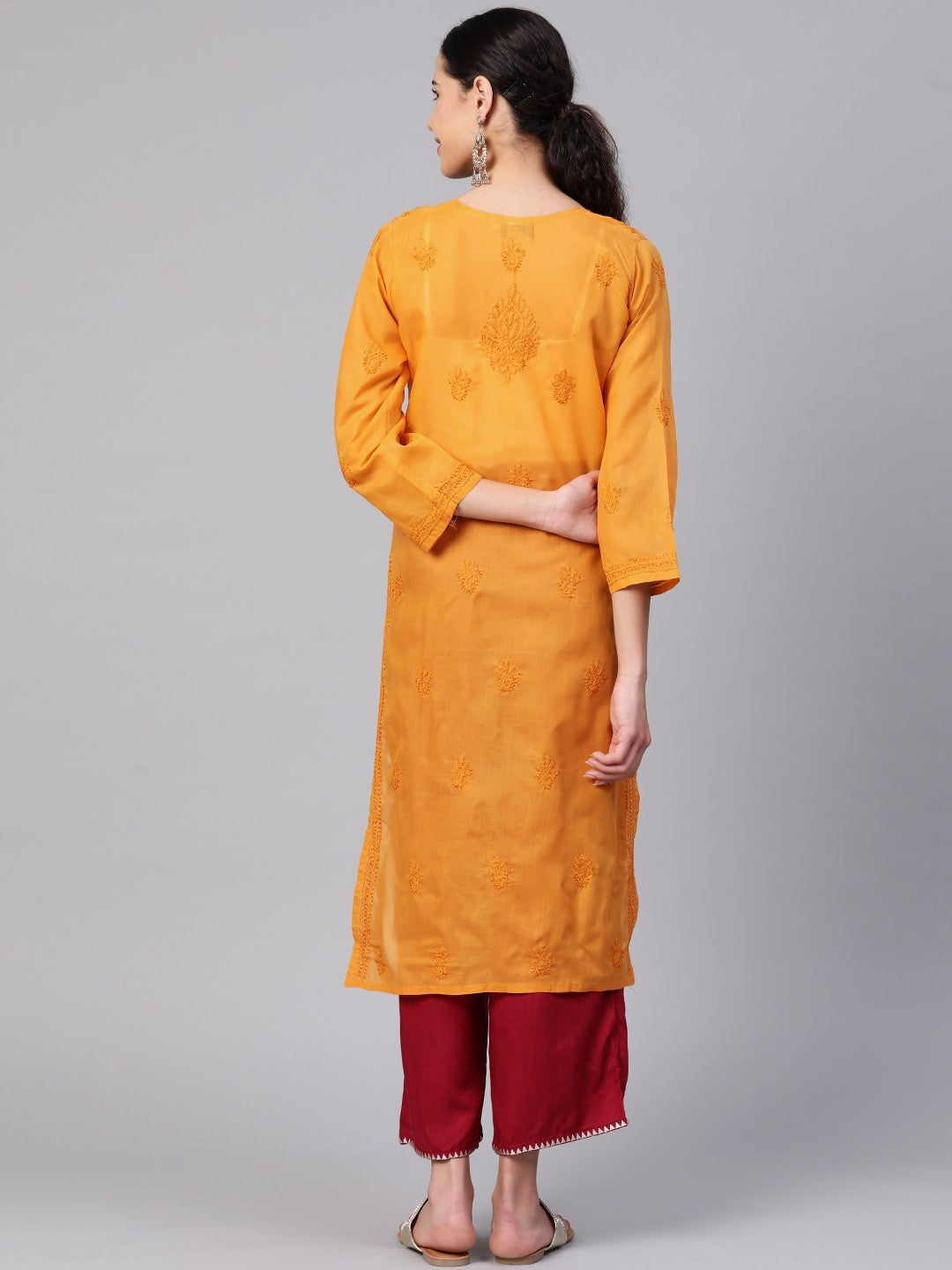 Ada Hand Embroidered Mustard Cotton Lucknowi Chikankari Straight Kurta A100366