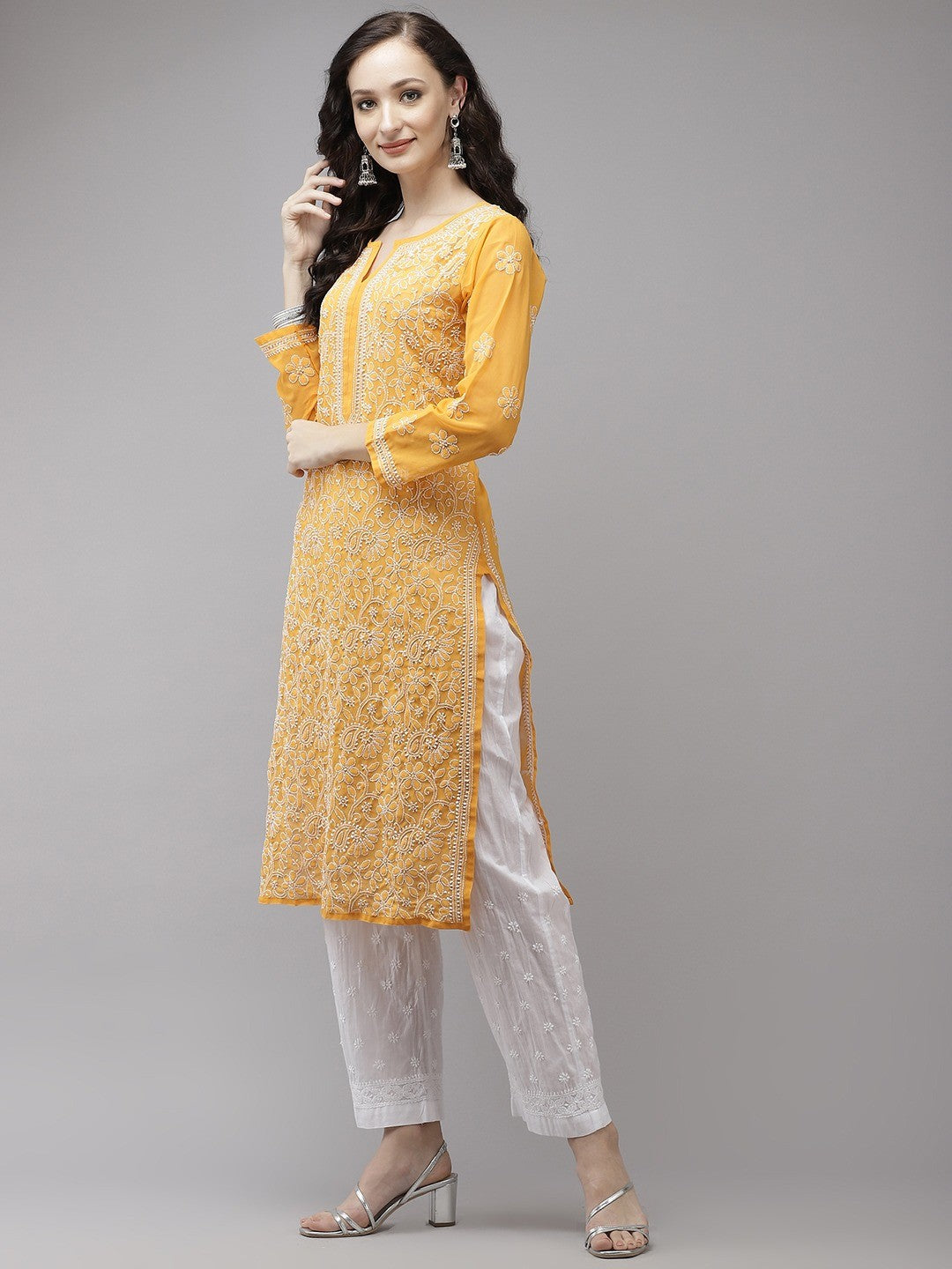 Ada Hand Embroidered Mustard Georgette Lucknowi Chikankari Kurta Set A811214