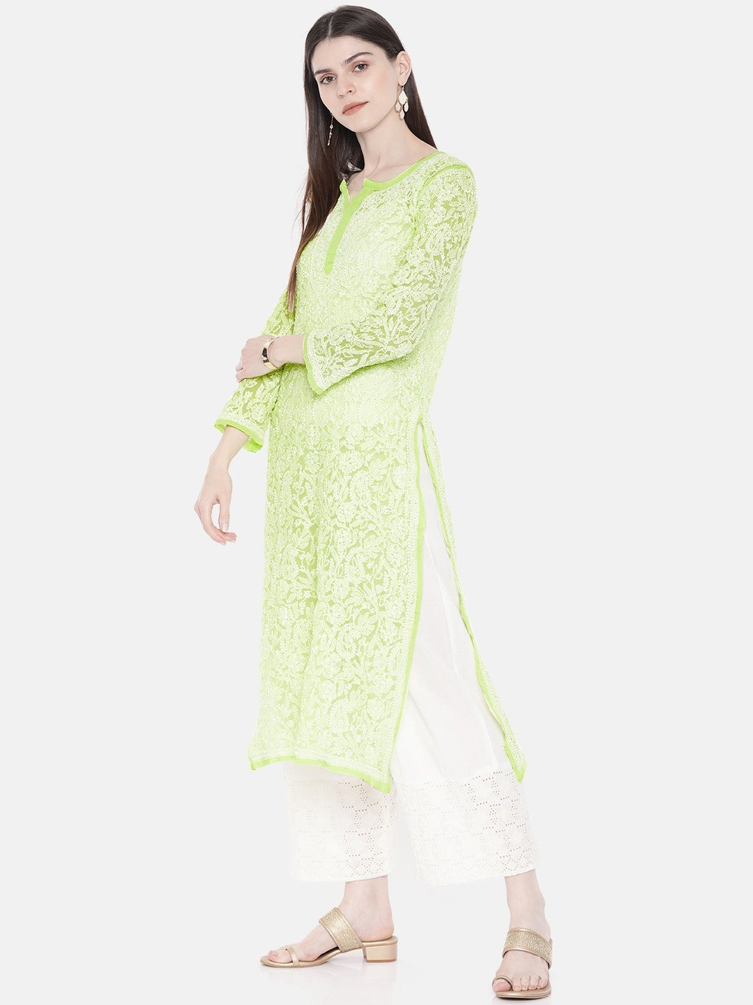 Ada Hand Embroidered Green Georgette Lucknowi Chikankari Straight Kurta A105281