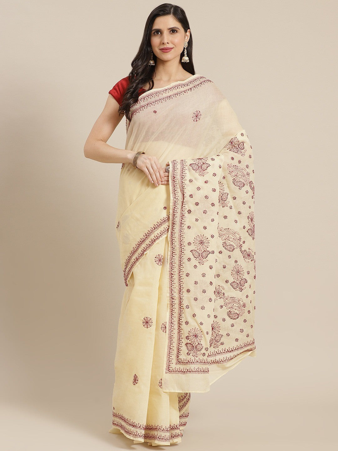 Ada Hand Embroidered Beige Cotton Lucknow Chikan Saree With Blouse A311285
