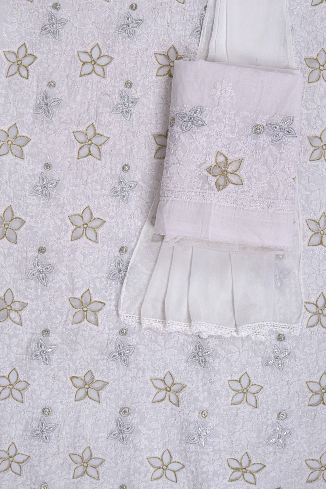 Ada Hand Embroidered White Cotton Lucknowi Chikankari Unstitched Suit Piece With Lurex Work 01A214031