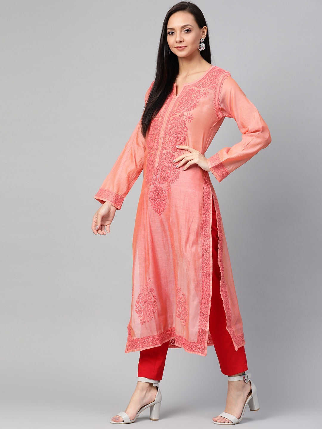 Ada Hand Embroidered Peach Chanderi Lucknowi Chikankari Straight Kurta A100476