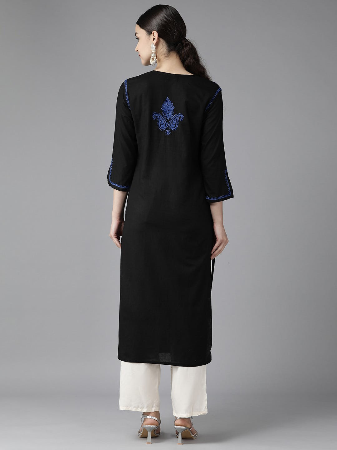 Ada Hand Embroidered Black Cotton Lucknowi Chikankari Straight Kurta A411421