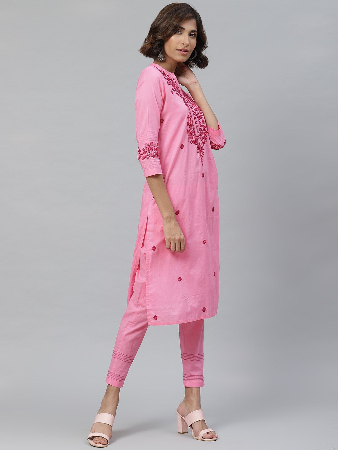 Ada Hand Embroidered Rose Pink Cotton Lucknowi Chikankari Straight Kurta With Trouser Set A100339