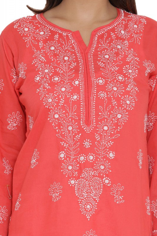Ada Hand Embroidered Carrot Pink Cotton Lucknowi Chikankari Straight Kurta A196681
