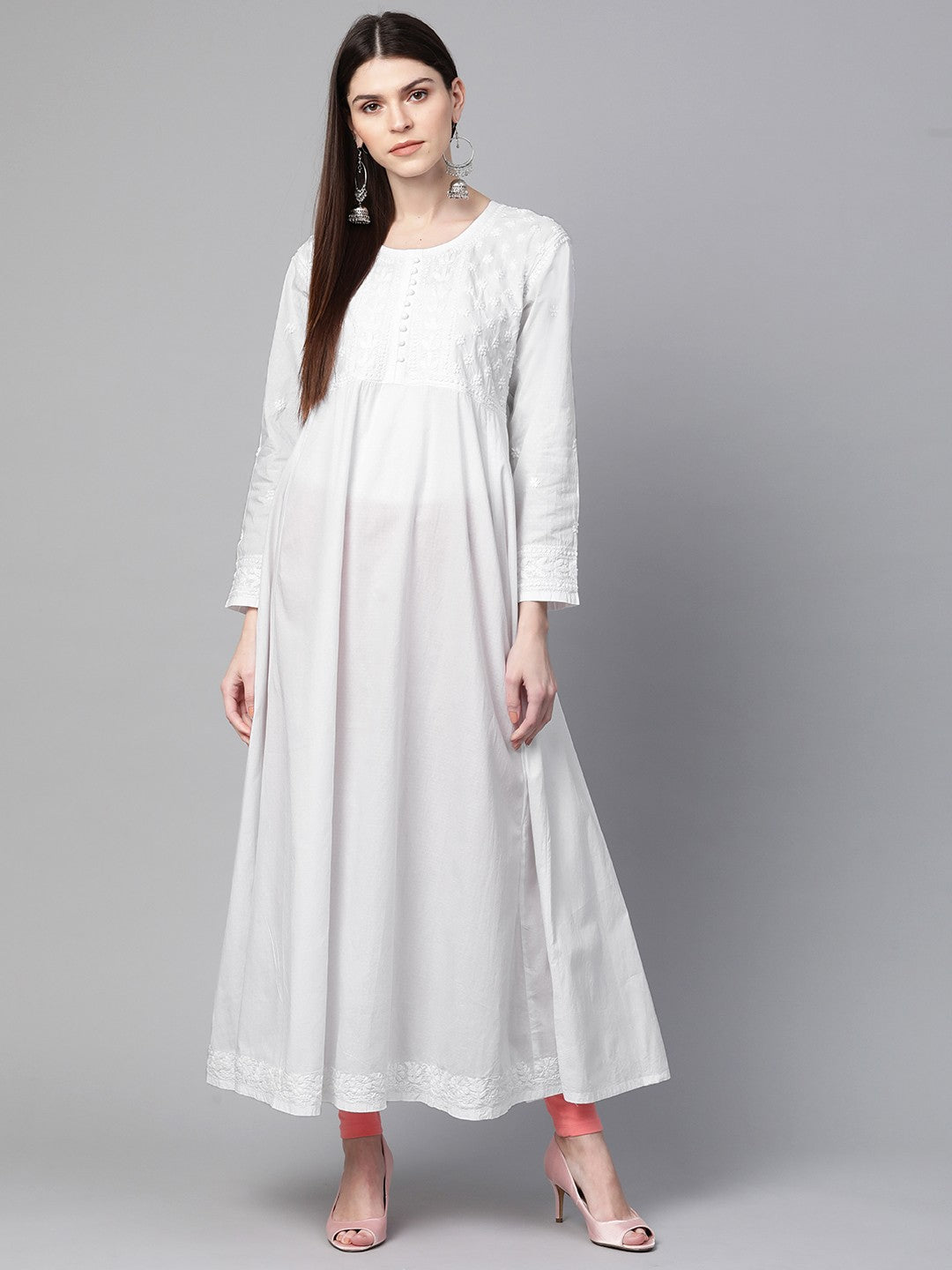 Ada Hand Embroidered White Cotton Lucknowi Chikankari A-line Kurta A100419