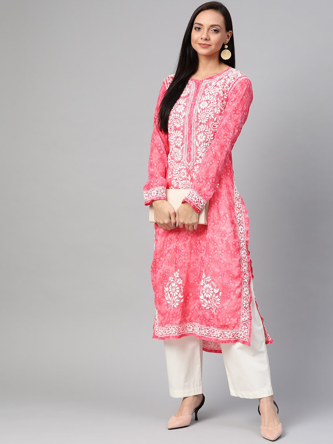 Ada Hand Embroidered Pink Faux Georgette Lucknow Chikankari Kurta- A100464