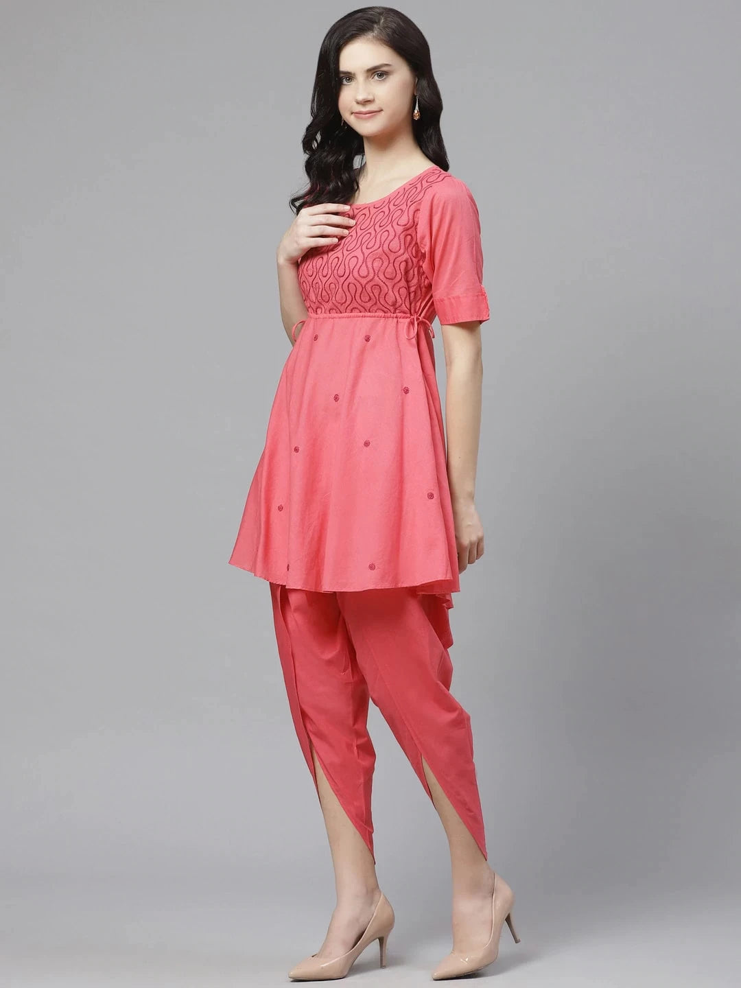 Ada Hand Embroidered Pink Cotton Lucknowi Chikankari Kurta with Dhoti Set A100323