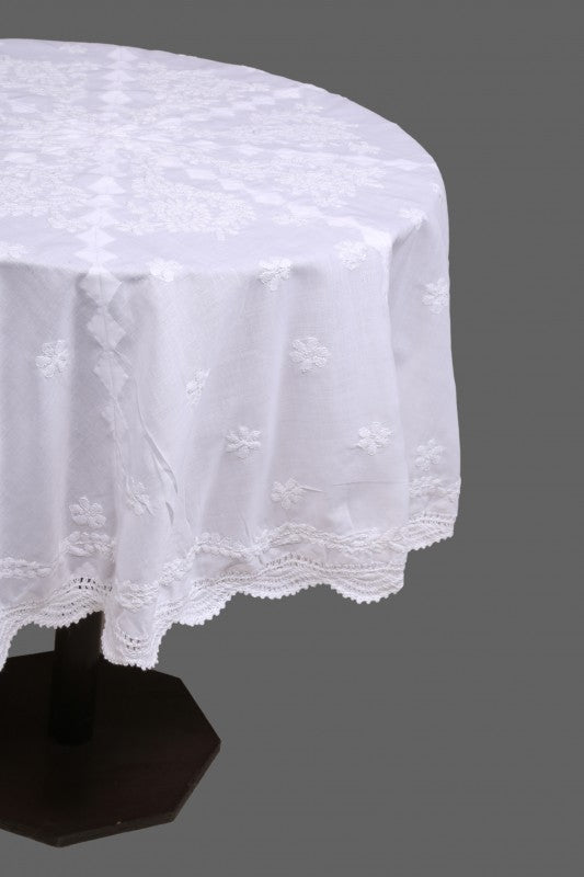 Ada Hand Embroidered White Cotton Lucknowi Chikankari Table Cover A320017