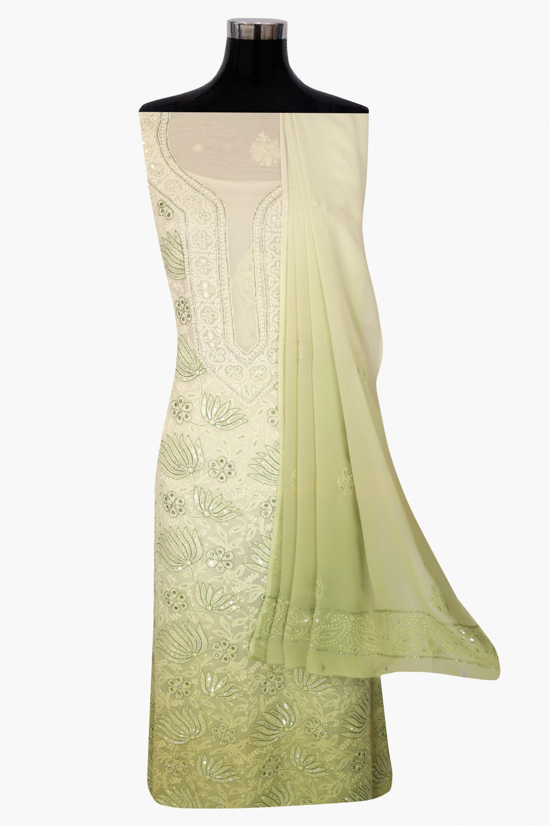 Ada Hand Embroidered Lime Green & Tea Green Ombre Shade Georgette Lucknowi Chikankari Unstitched Kurta Dupatta Set With Cutdana Work 01A255320