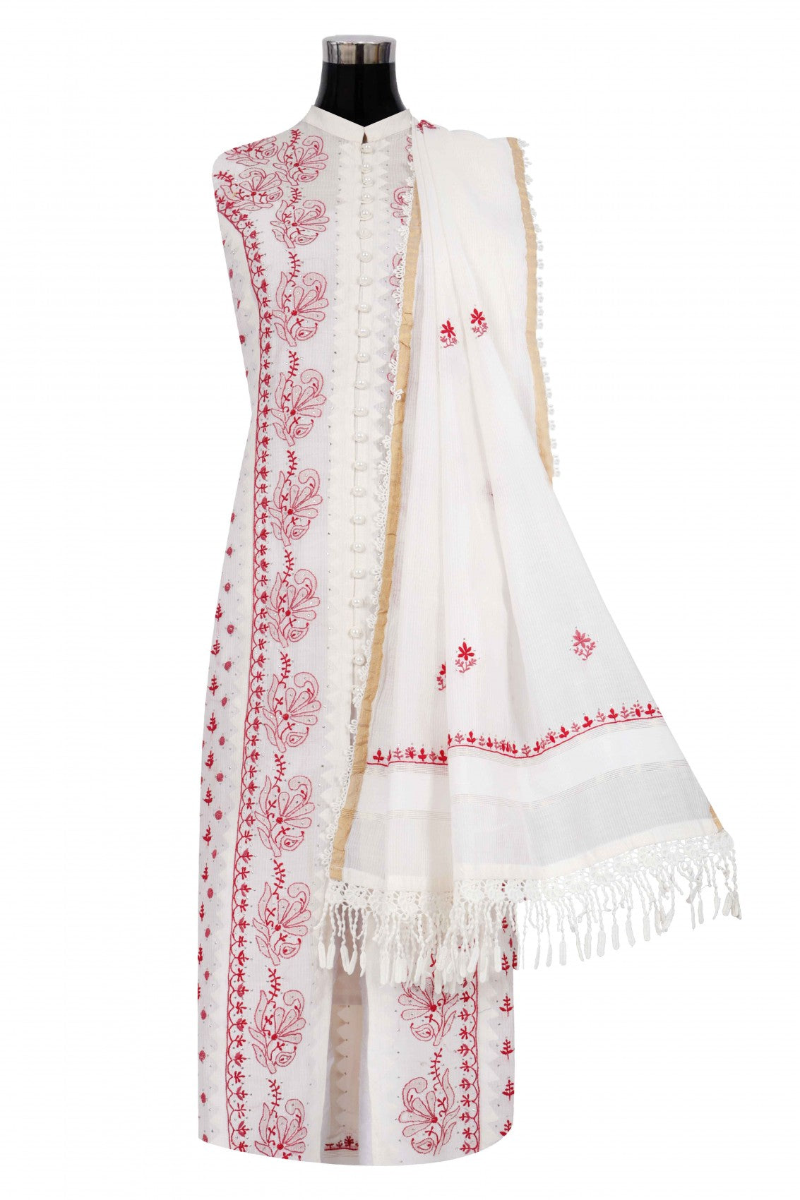Ada Hand Embroidered Off White Chanderi Lucknowi Chikankari Semi-Stitched Kurta Dupatta Set With Muqaish Work A176636