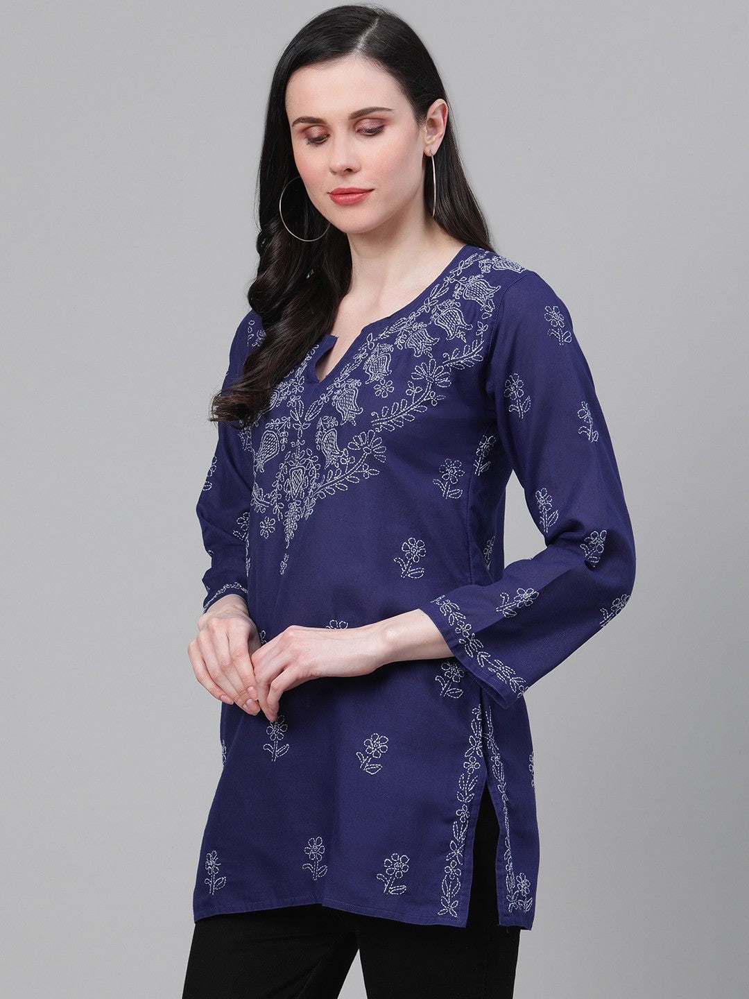 Ada Hand Embroidered Royal Blue Cotton Lucknowi Chikankari Kurti A534792