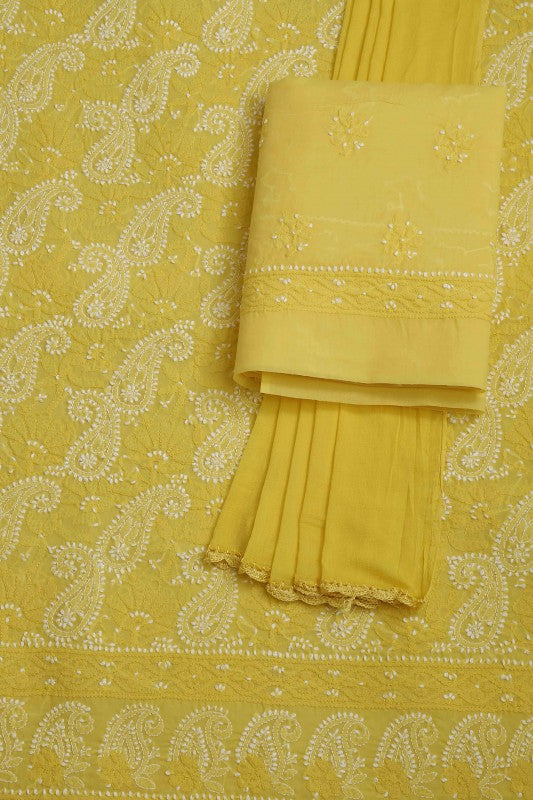 Ada Hand Embroidered Yellow Cotton Lucknowi Chikan Unstitched Suit Piece–A100246