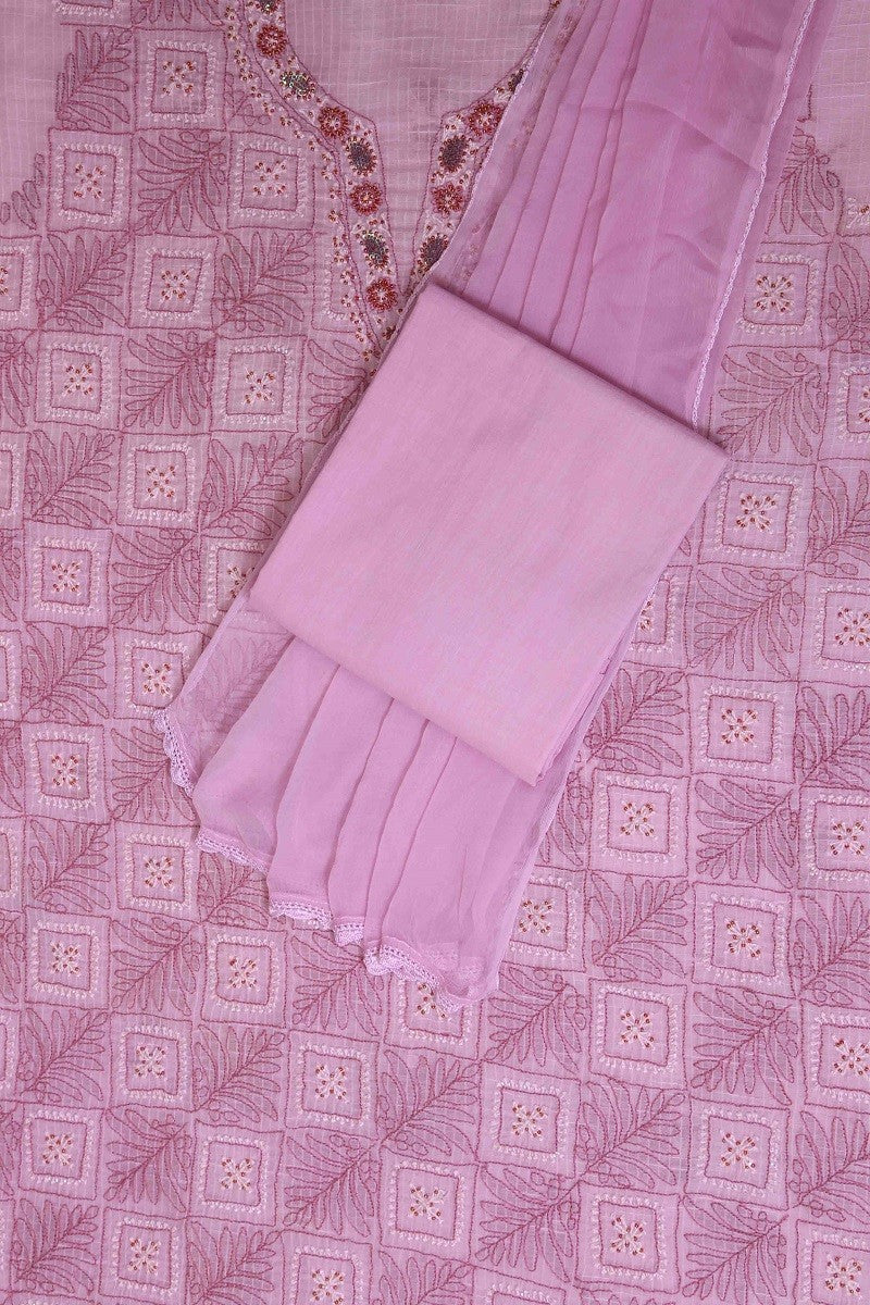 Ada Hand Embroidered Lavender Cotton Lucknowi Chikan Unstitched Suit Piece With Pearl & Sequinned Work -A461847