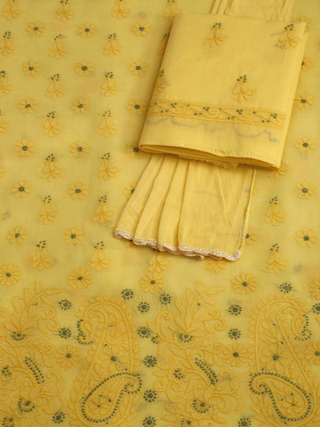 Ada Hand Embroidered Yellow Cotton Lucknowi Chikan Unstitched Suit Piece A100251
