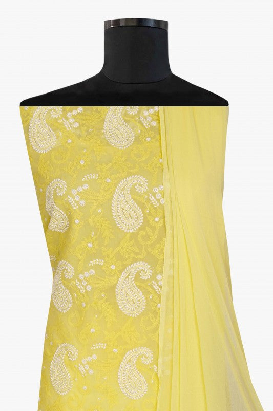 Ada Hand Embroidered Yellow Cotton Lucknowi Chikan Unstitched Suit Piece-A211118