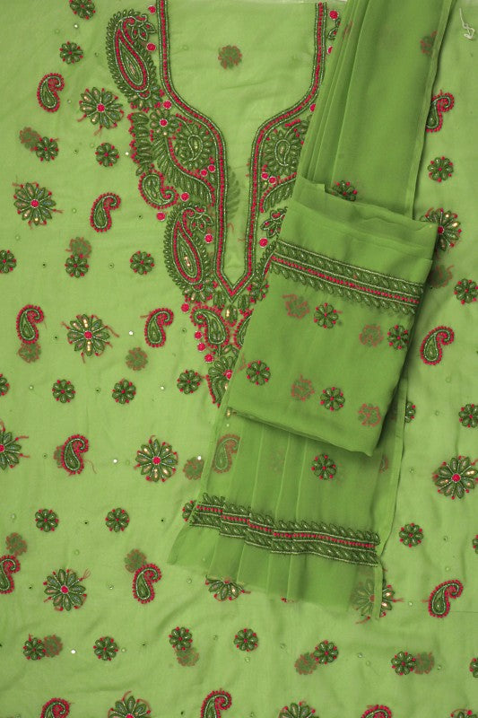 Ada Hand Embroidered Grass Green Georgette Lucknowi Chikankari Unstitched Suit Piece With Cutdana Work 01A132286