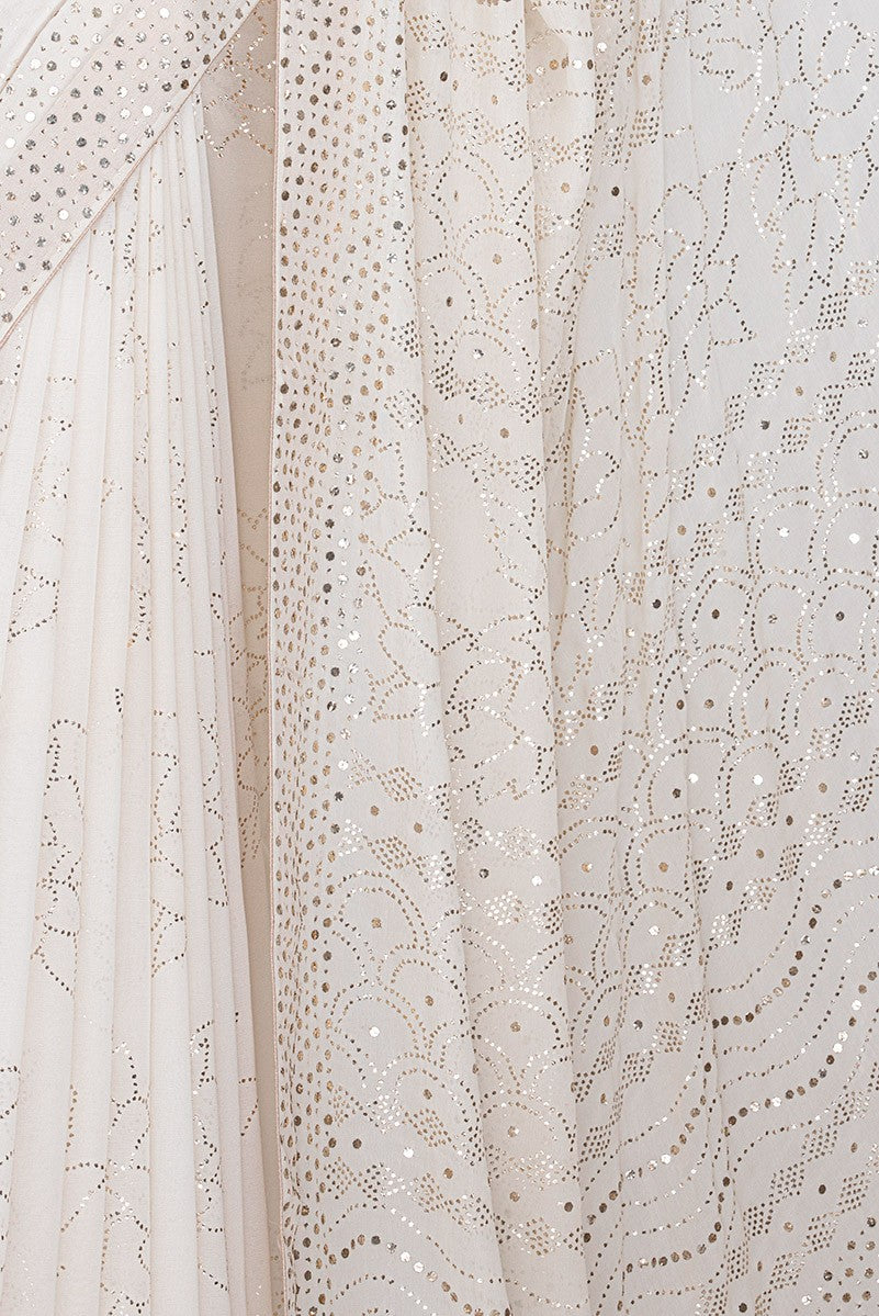 Ada Hand Embroidered White Pure Georgette Lucknowi Chikankari Saree/Blouse with Muqaish Work A444656