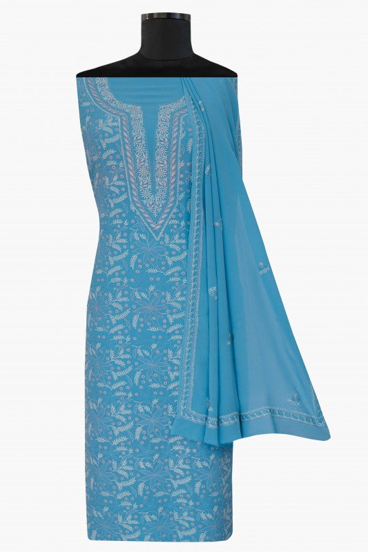 Ada Hand Embroidered Cyan Blue Pure Georgette Lucknowi Chikan Unstitched Kurta Dupatta Set A197413