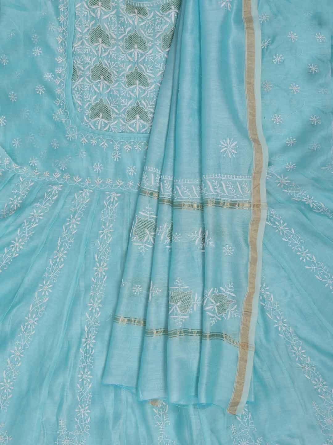 Ada Hand Embroidered Tame Teal Blue Chanderi Lucknowi Chikankari Semi-Stitched Anarkali Kurta Dupatta Set With Zari Work 01A205806