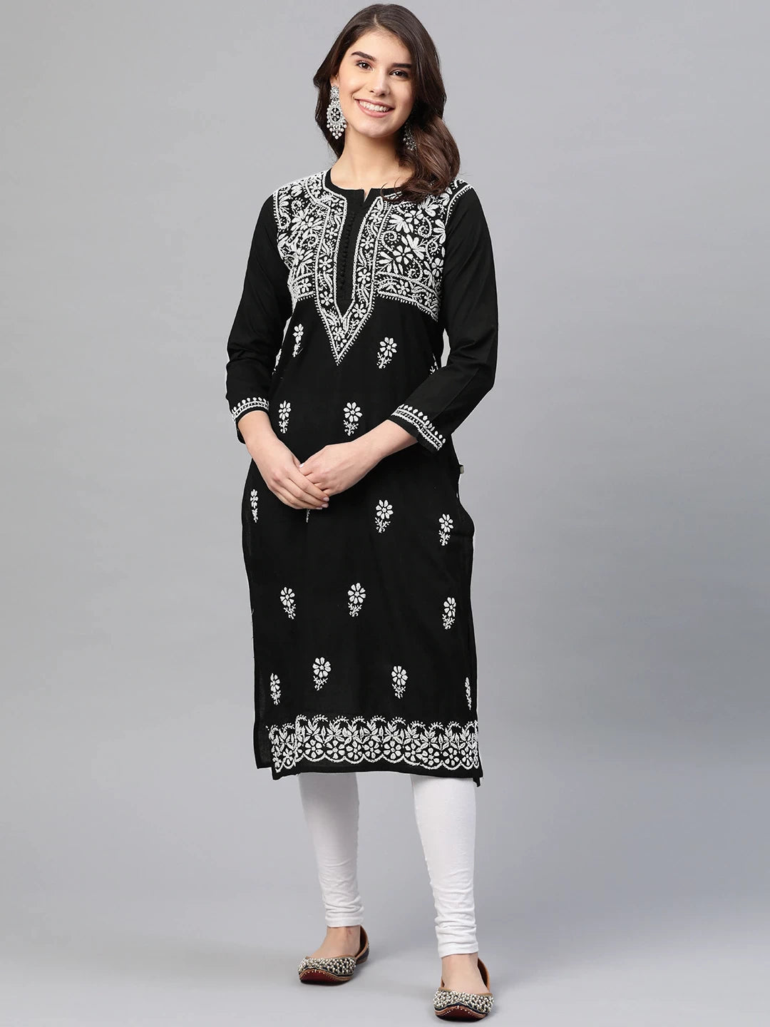 Ada Hand Embroidered Black Cotton Lucknowi Chikankari Straight Kurta A341075