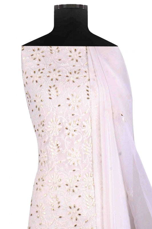 Ada Hand Embroidered White Georgette Lucknowi Chikan Unstitched Suit Piece with Gota Patti Work A428256