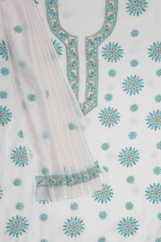 Ada Hand Embroidered White Chanderi Lucknowi Chikan Unstitched Kurta Dupatta– A617059