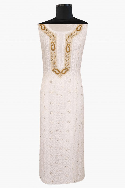 Ada Hand Embroidered White Georgette Lucknowi Chikan Unstitched Kurta Dupatta with Pearl Work A613206