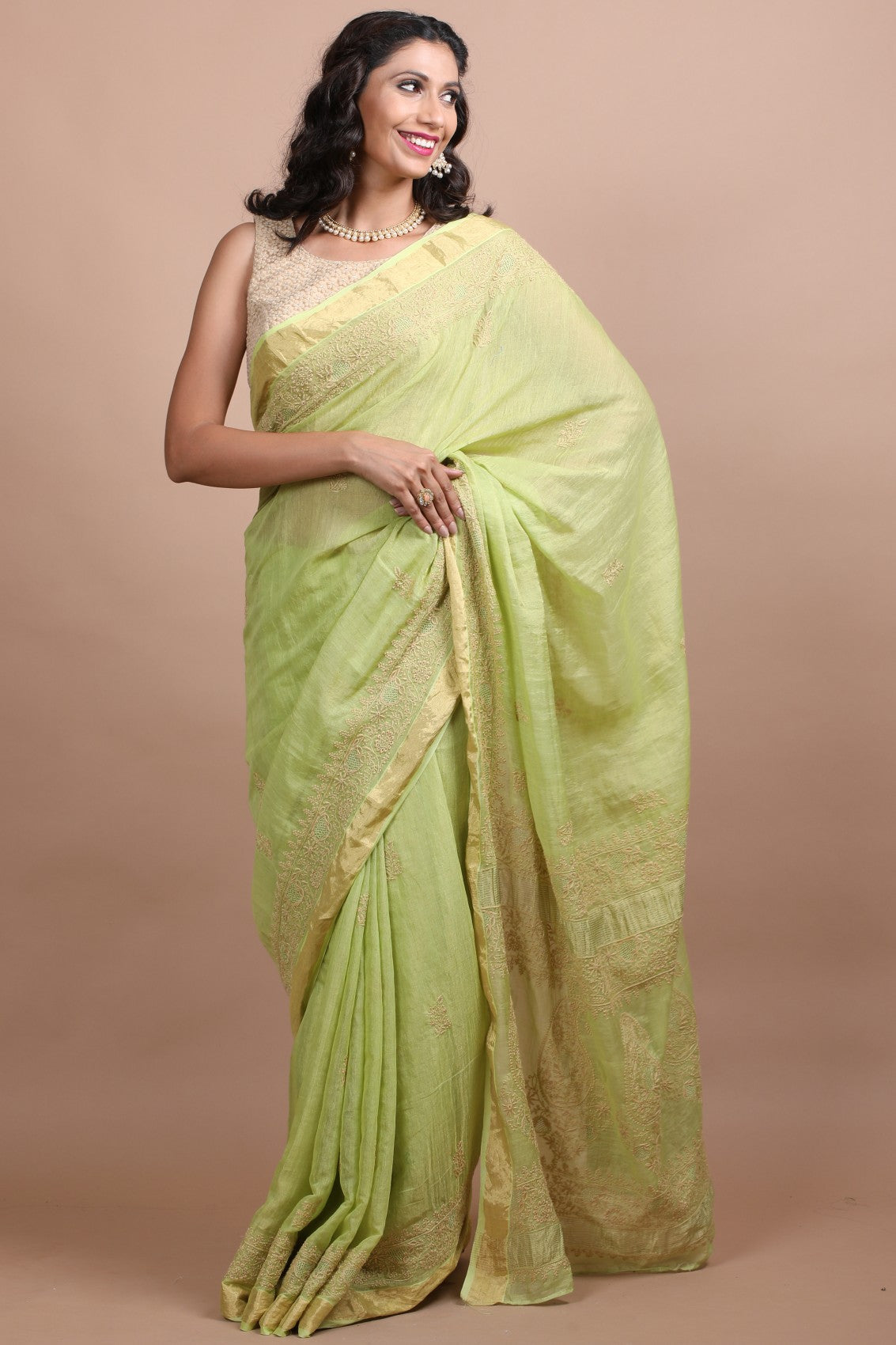 Ada Hand Embroidered Parrot Green Tissue Lucknow Chikan Saree/Blouse With Zari Work 01A265928