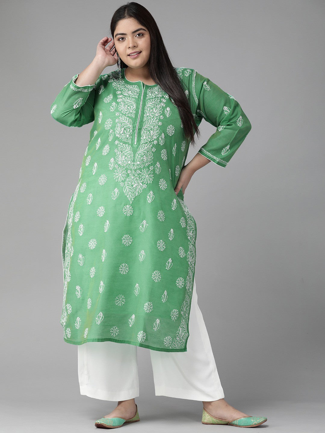 Ada Hand Embroidered Green Chanderi Lucknow Chikankari Straight Kurta A411176