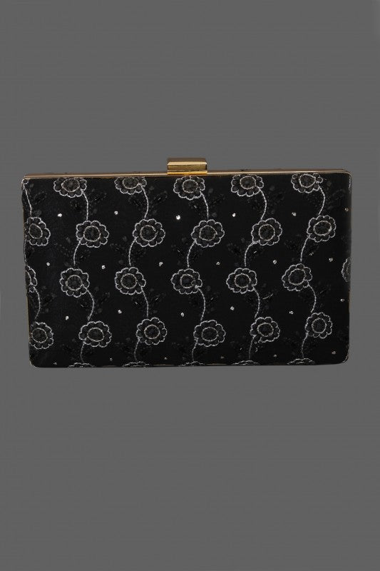 Ada Hand Embroidered Black Pure Georgette Lucknow Chikankari Clutch With Muqaish Work-A605998
