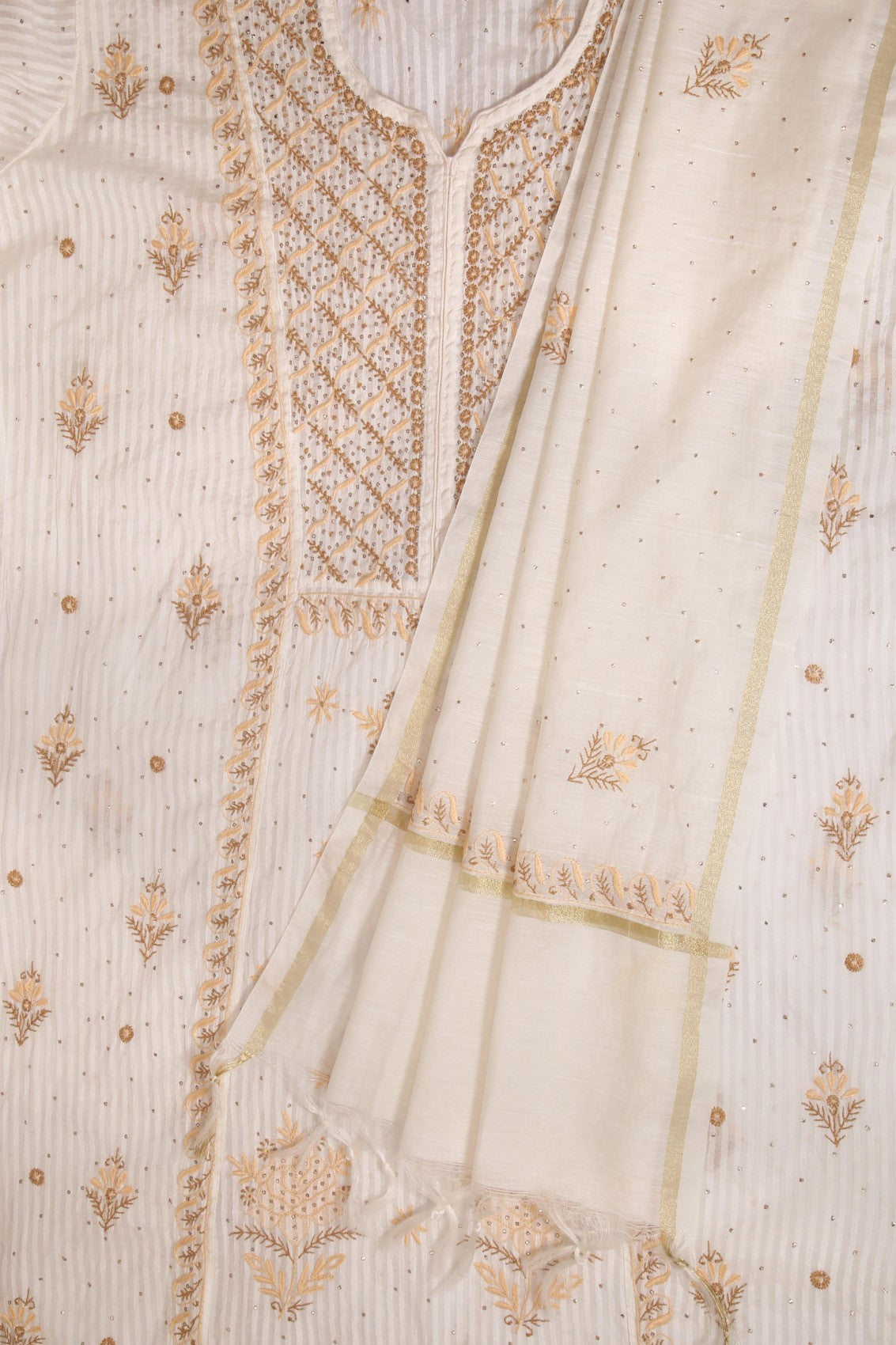 Ada Hand Embroidered White Chanderi Lucknowi Chikankari Semi-stitched Kurta Dupatta Set With Muqaish Work 01A136886