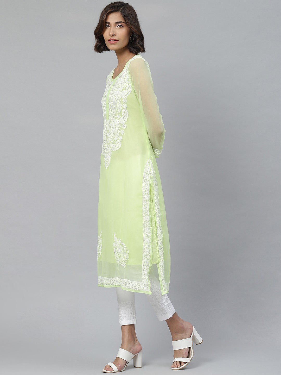 Ada Hand Embroidered Green And White Georgette Lucknow Chikankari Kurta Set with Slip A811113