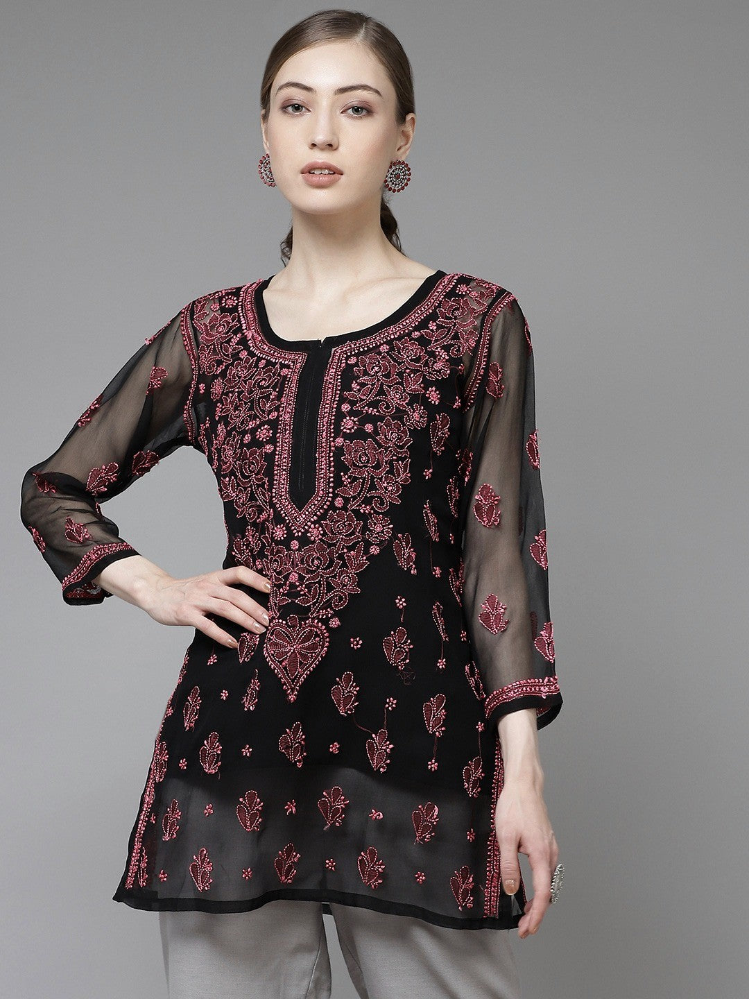 Ada Hand Embroidered Black Georgette Lucknow Chikan Kurti with slip A911136