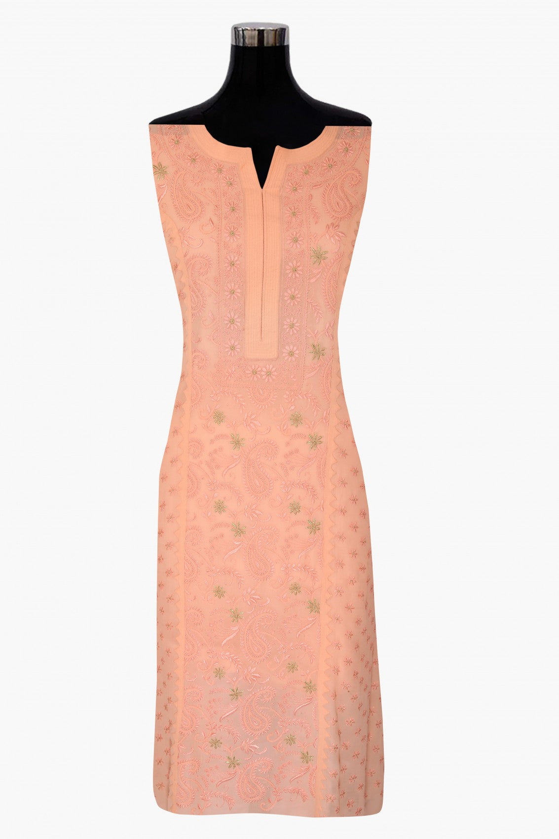 Ada Hand Embroidered Peach Pure Georgette Lucknowi Chikankari Unstitched Kurta Dupatta Set With Zari Work A374517