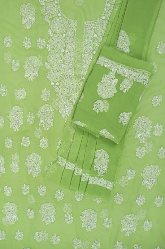 Ada Hand Embroidered Grass Green Georgette Lucknowi Chikankari Unstitched Suit Piece A211216