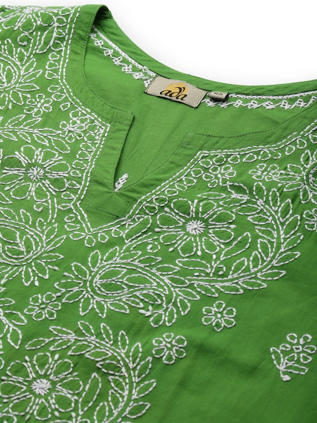 Ada Hand Embroidered Green/White Cotton Lucknowi Chikankari Kurta Set A811200