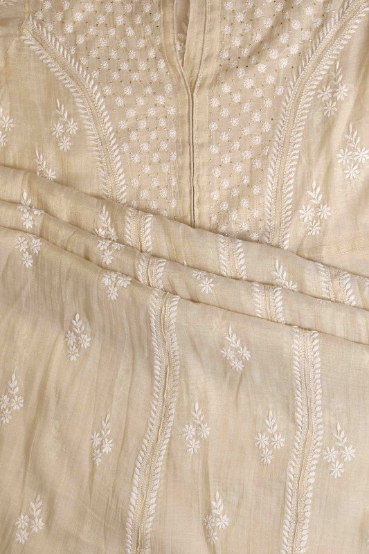 Ada Hand Embroidered Natural Fawn Tissue Lucknowi Chikankari Semi-Stitched Kurta Piece With Muqaish Work A597262