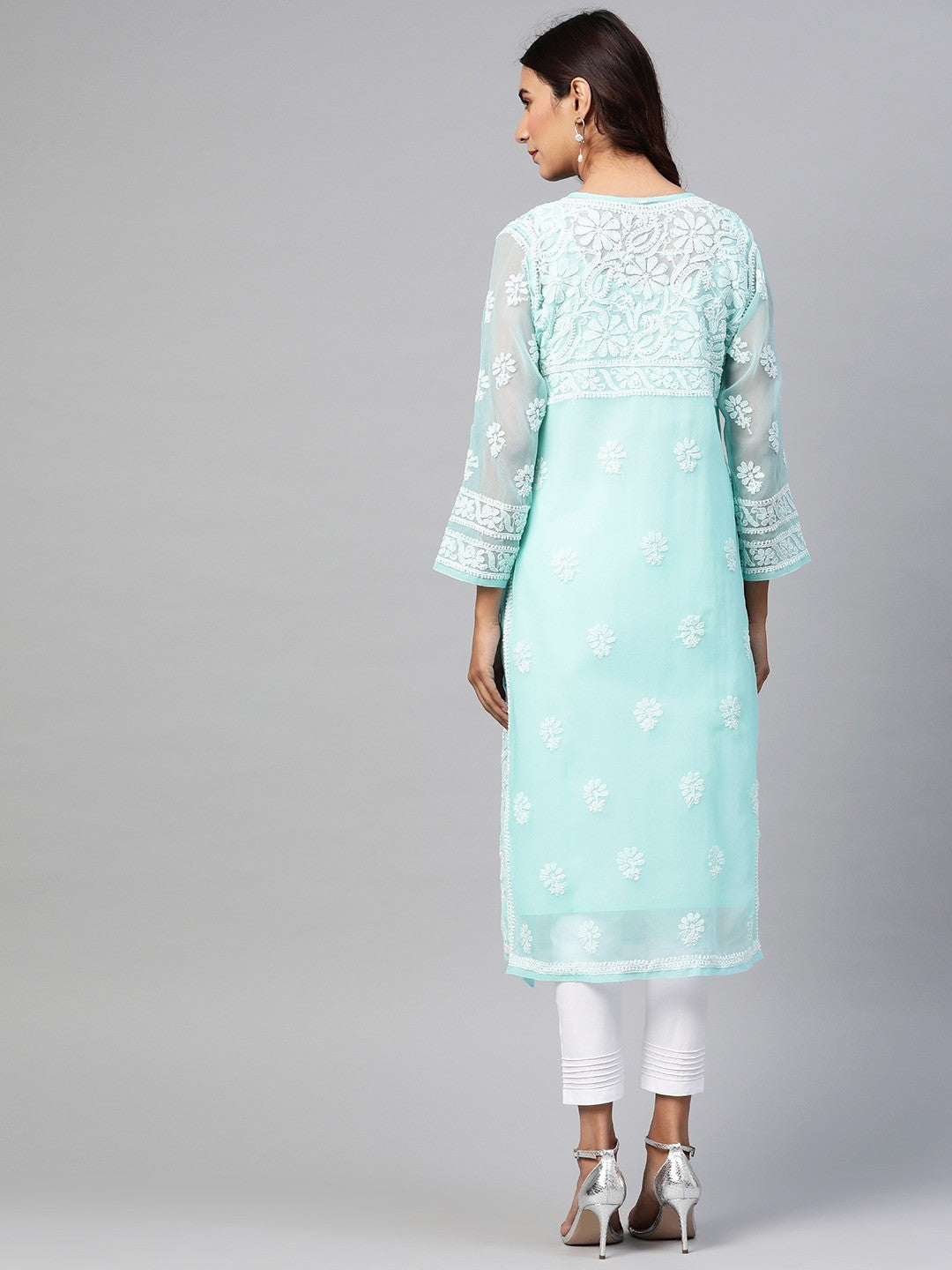 Ada Hand Embroidered Turquoise Blue Georgette Lucknowi Chikankari Straight Kurta Set With Slip A811159