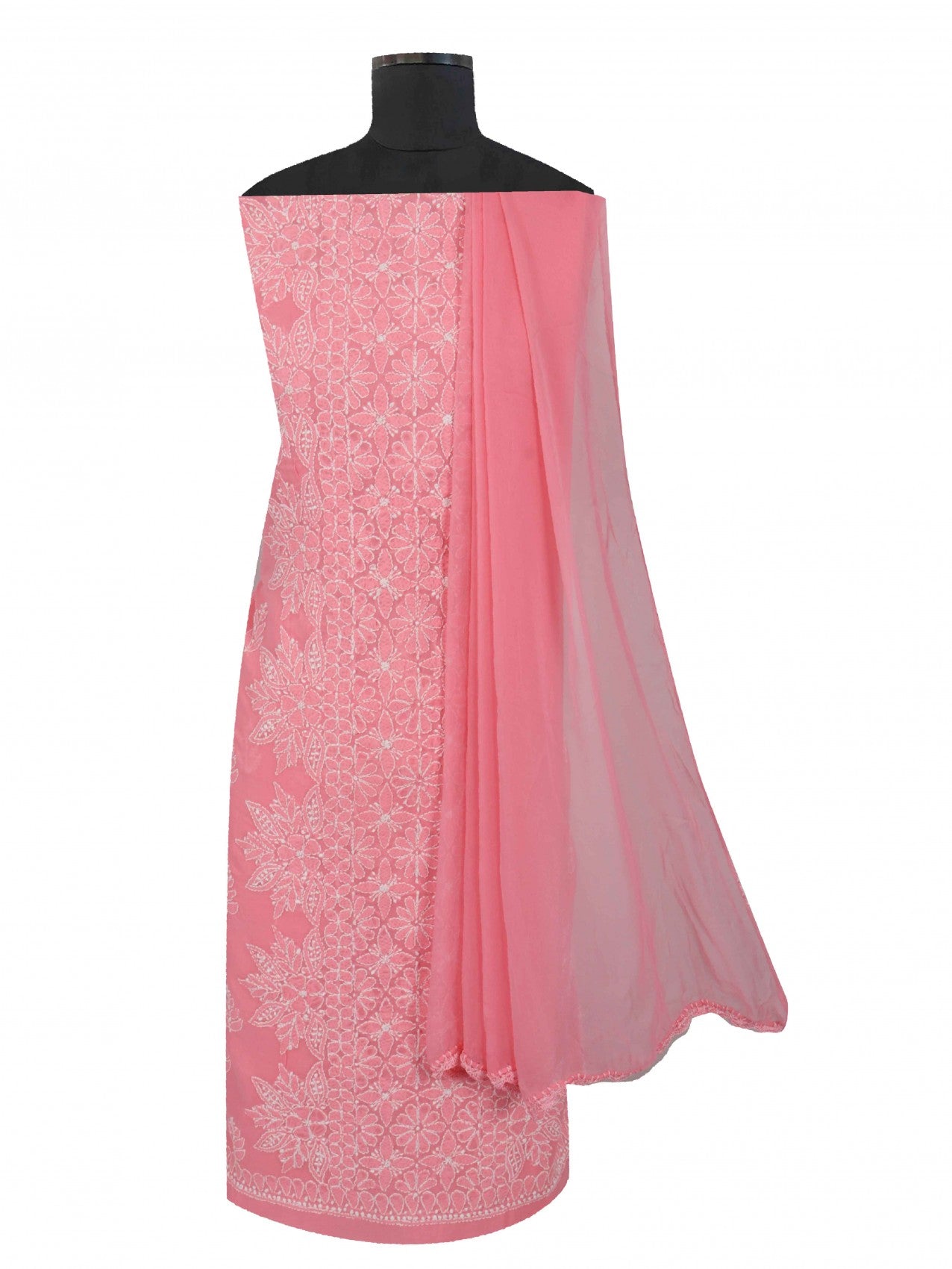 Ada Hand Embroidered Carrot Pink Cotton Lucknowi Chikankari Unstitched Suit Piece 01A204086
